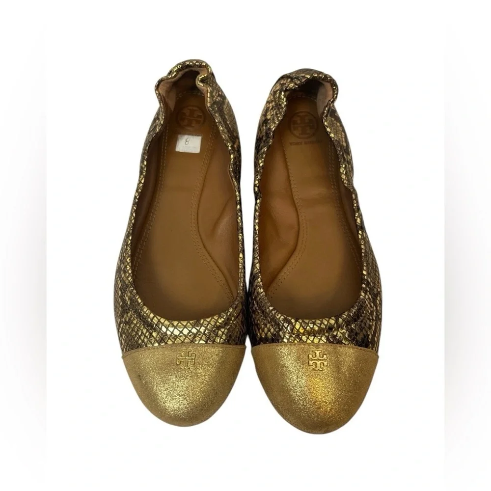 Tory Burch woman’s gold snakeskin metallic ballet flats slip on‎ size 8 casual